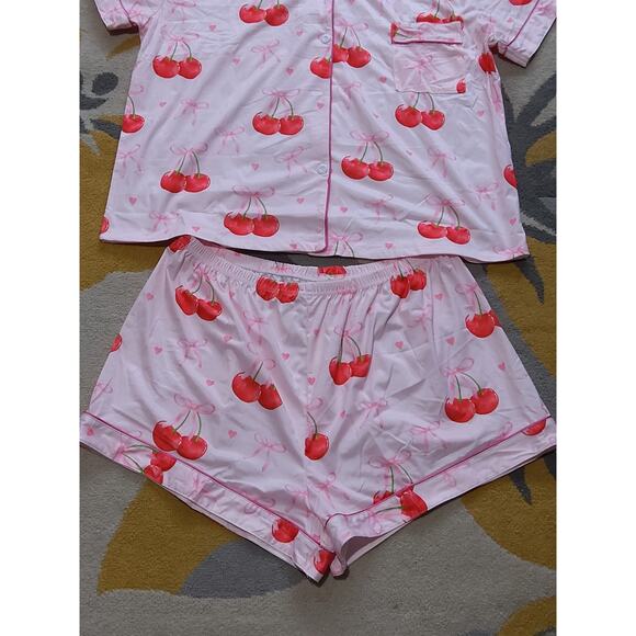 $NWOT Women's pink Cherry Bow PJ set button up shirt w/shorts. Barbiecore, XXL - Picture 3 of 9